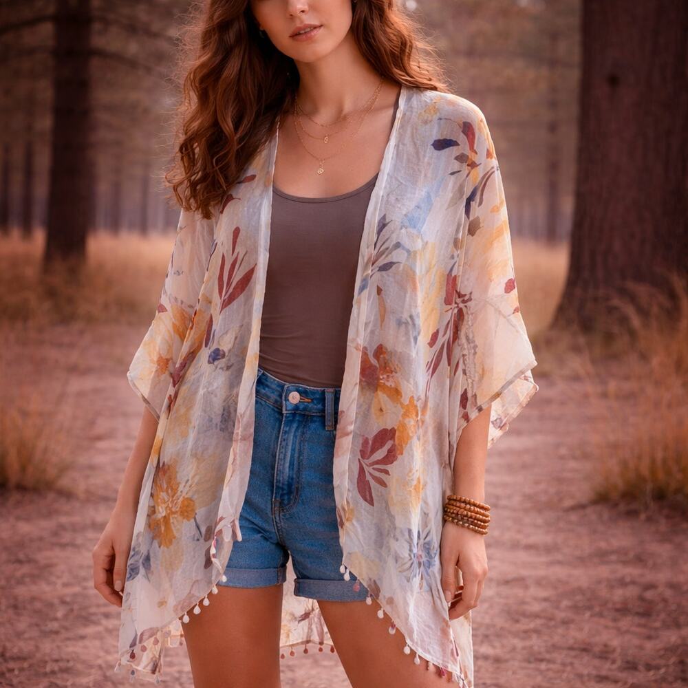 Soft Surroundings Cardigan Duster Sheer Kimono Floral Beaded Hem Boho Style - Picture 2 of 9